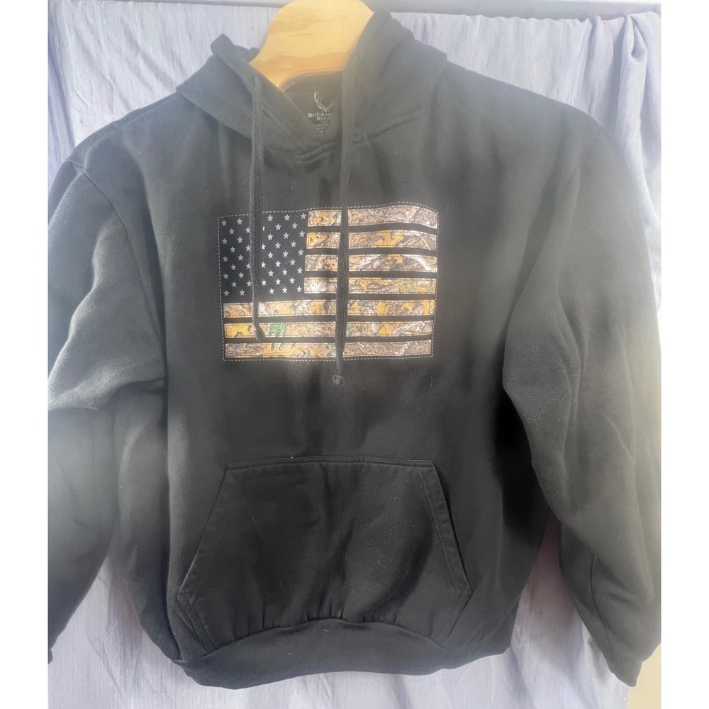 Buckhorn River Mens 2X Hoodie Black Camo American Flag‎ Pullover Sweatshirt